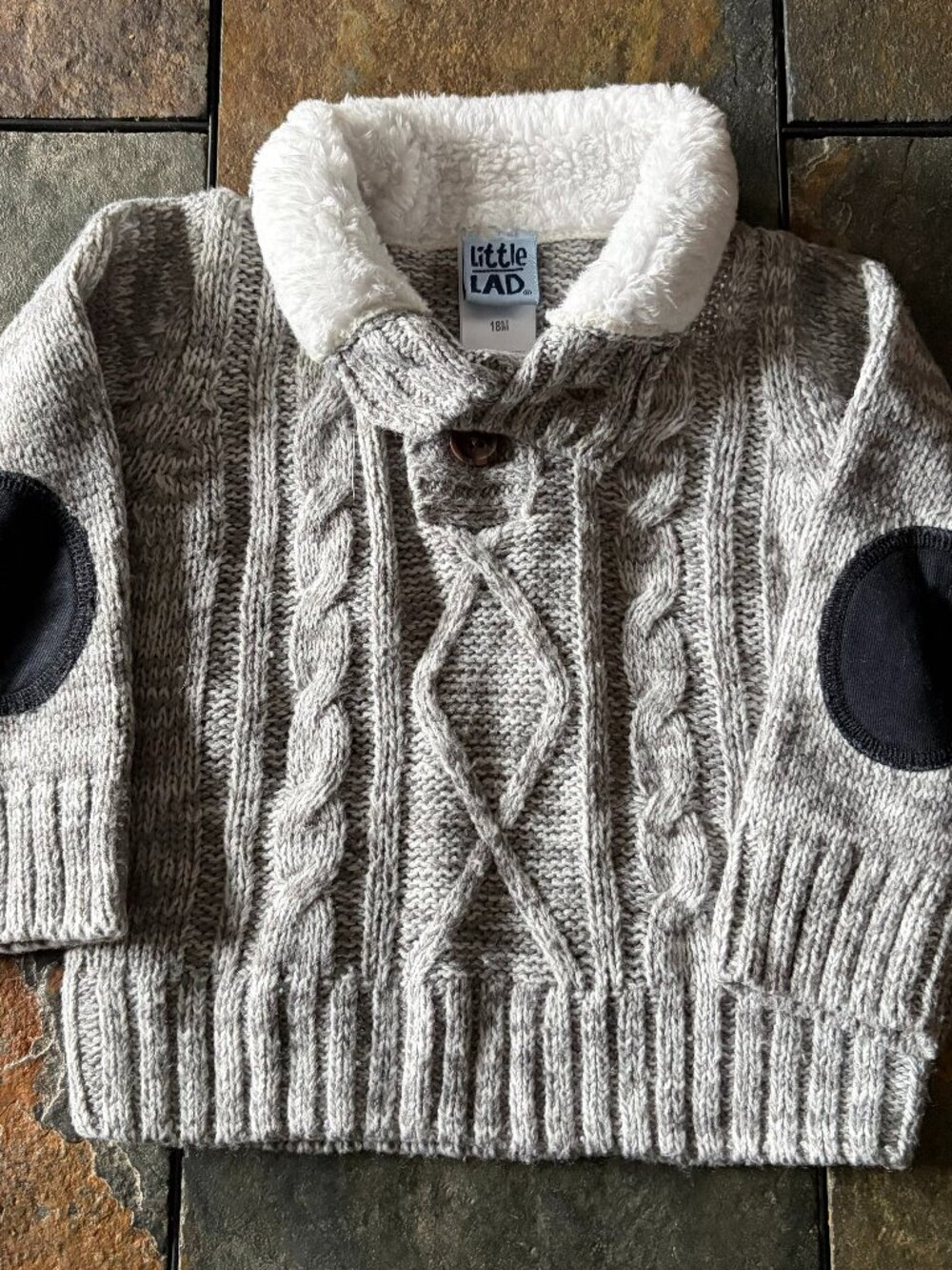 Little Lad toddler sweater cable knit sherpa collar elbow patches size 18 months